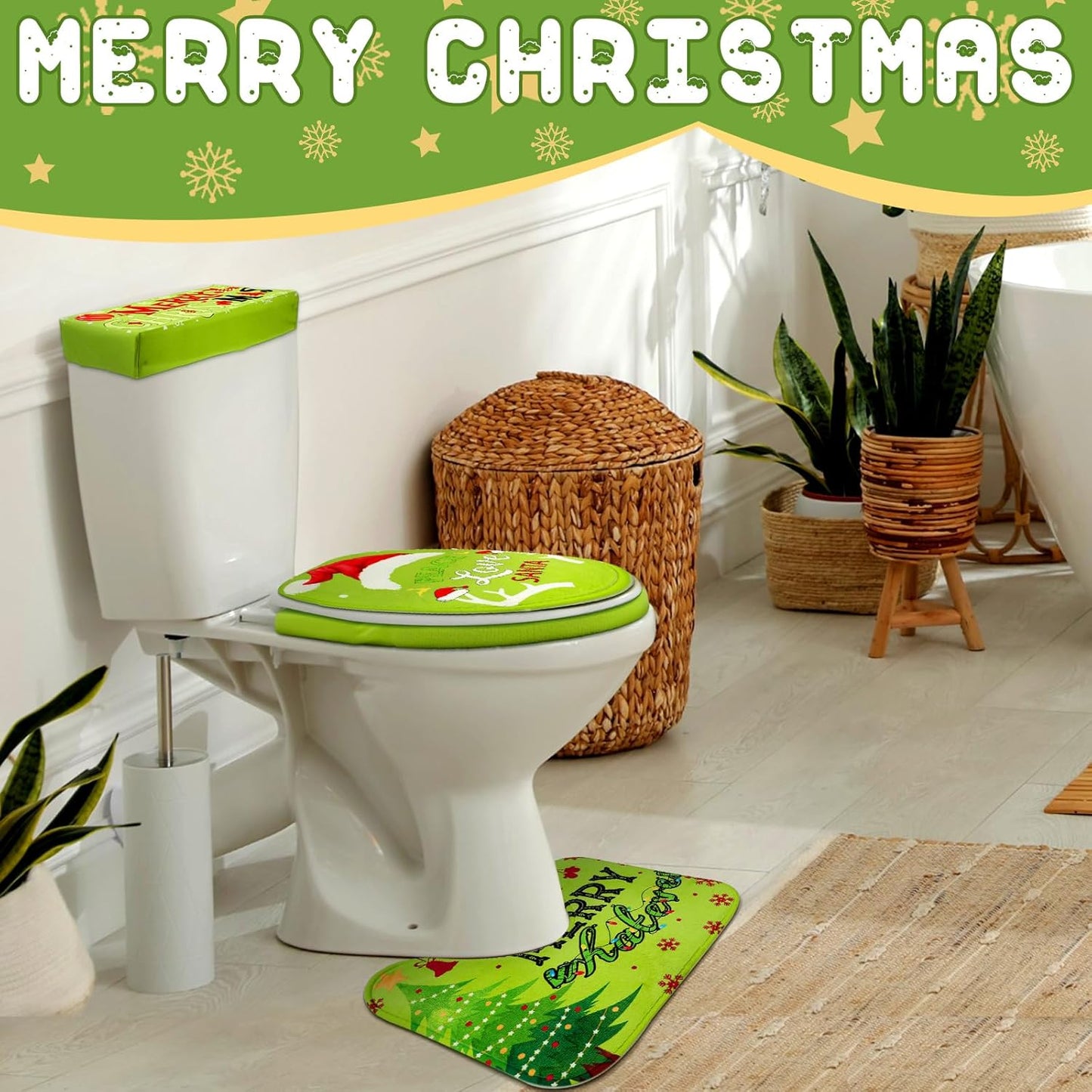 4 Pcs Green Toilet Seat Cover Set Whimsical Christmas Btthroom Decoration