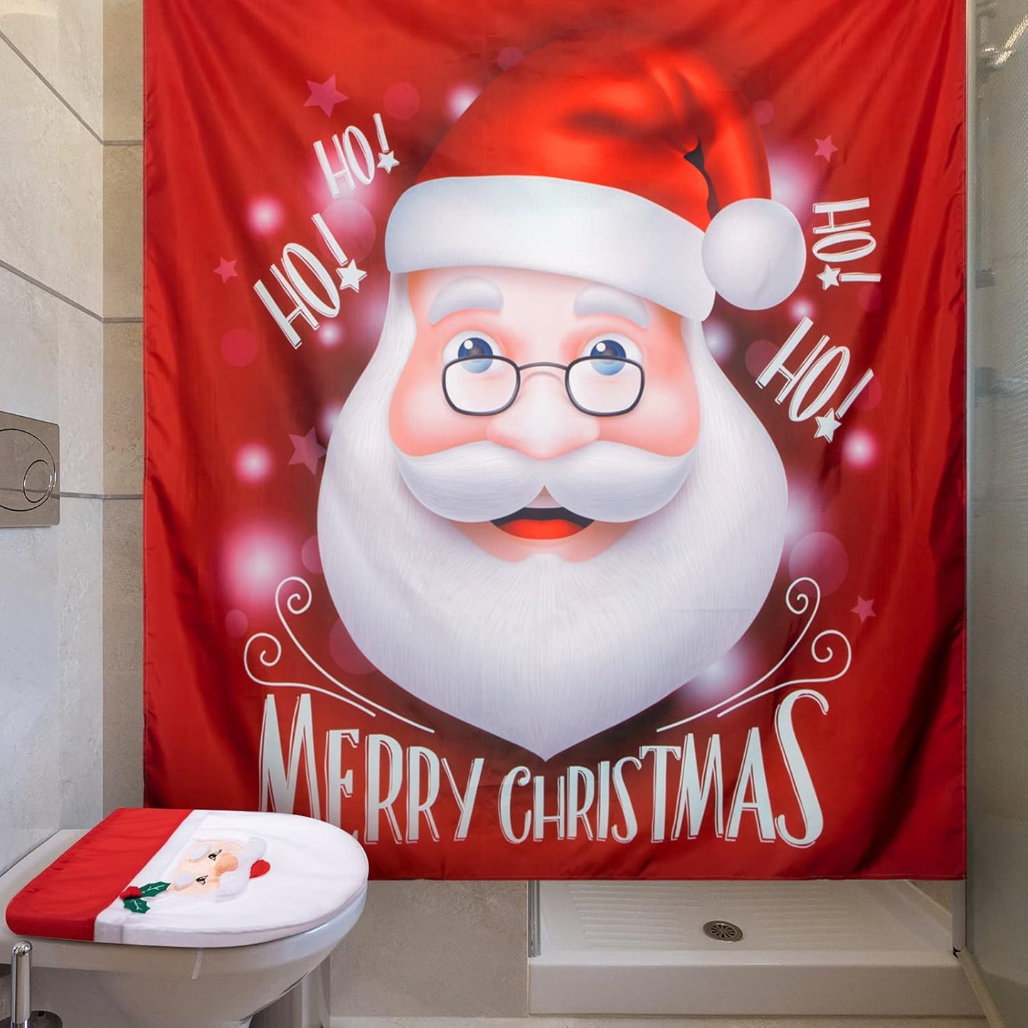 Set 4 Pieces Santa Toilet Seat Cover Set and Shower Curtains, Santa on The Toilet Ornament