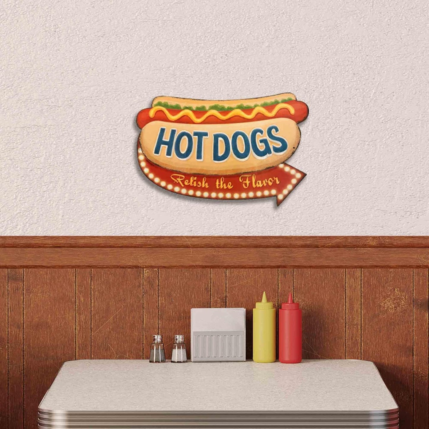 Hot Dogs Relish The Flavor Embossed Metal Wall Art Sign - Vintage Diner Hot Dog Sign With Arrow