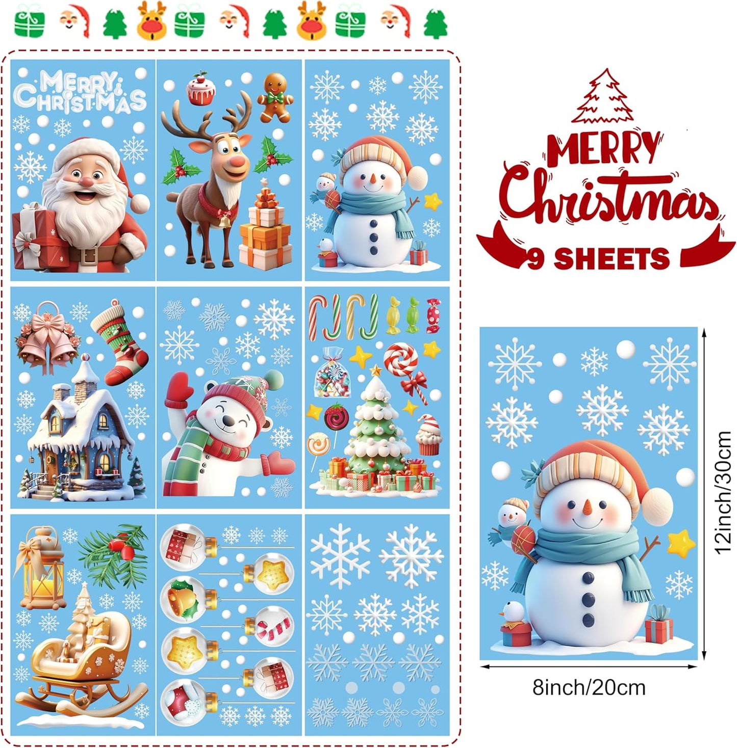 3D Vision Christmas Window Stickers for Glass, Funny Christmas Window Decorations, White