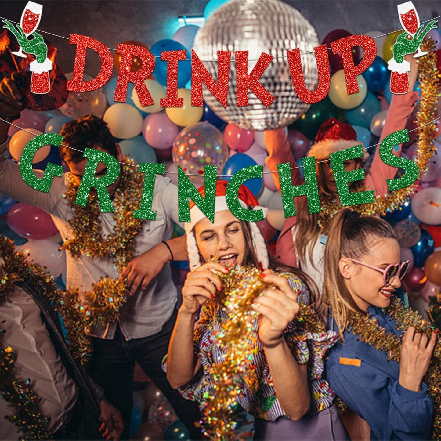 Drink Up Grinches Banner, Glittery Christmas Decorations Banners Winter Holiday Garland Photo Props