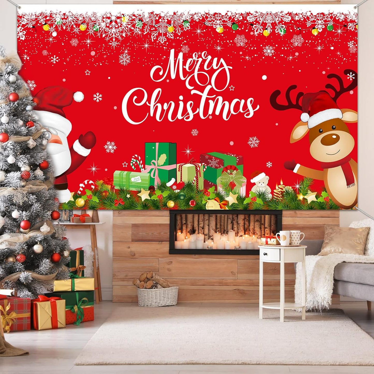 Christmas Banner Backdrop Santa Claus Reindeer Merry Christmas Banner Indoor for Xmas Holiday Party Photo Booth 72.8 X 43.3 Inch(Red, Solid-Color Pattern)