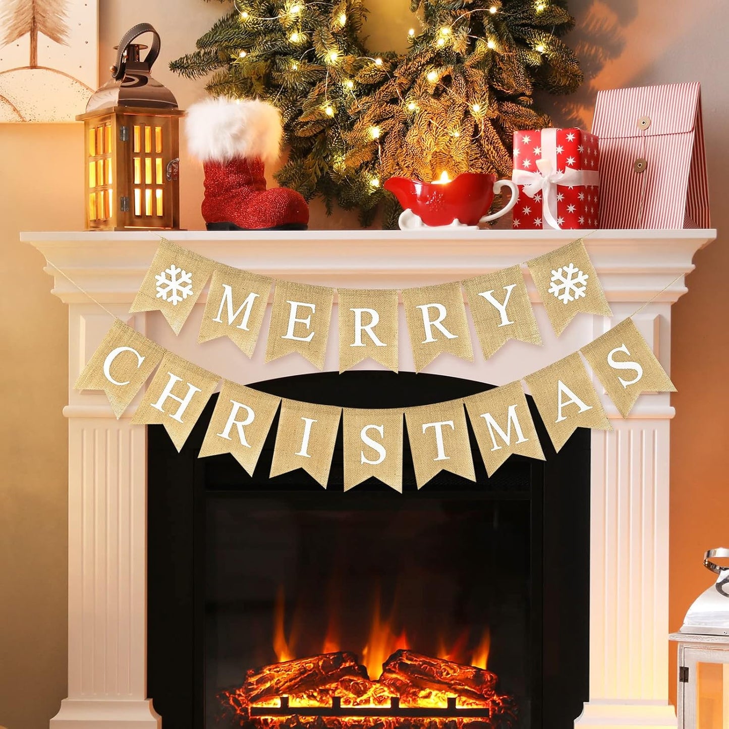 Merry Christmas Banner Burlap Christmas Fireplace Banner Christmas Wall Banners Snowflake