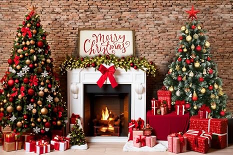 8x6ft Merry Christmas Fireplace Backdrop Xmas Trees New Year Fireplace Photo Background Santa