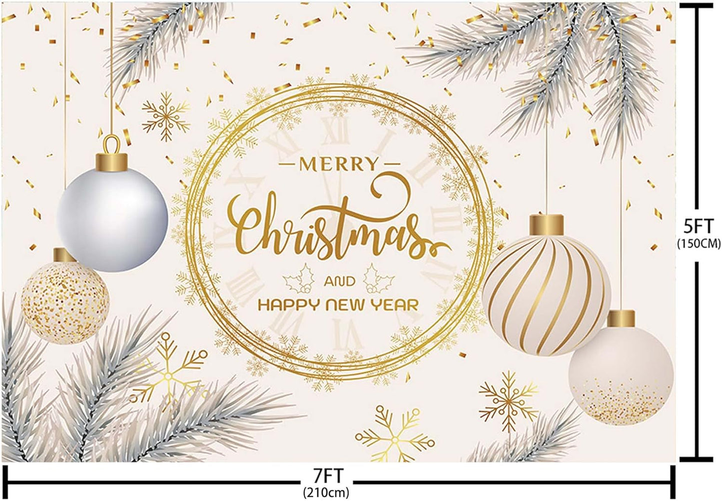 7x5ft Merry Christmas Backdrop Happy New Year Photography Background Christmas New Years Eve Xmas Tree Christmas Ball Festival Party Decoration