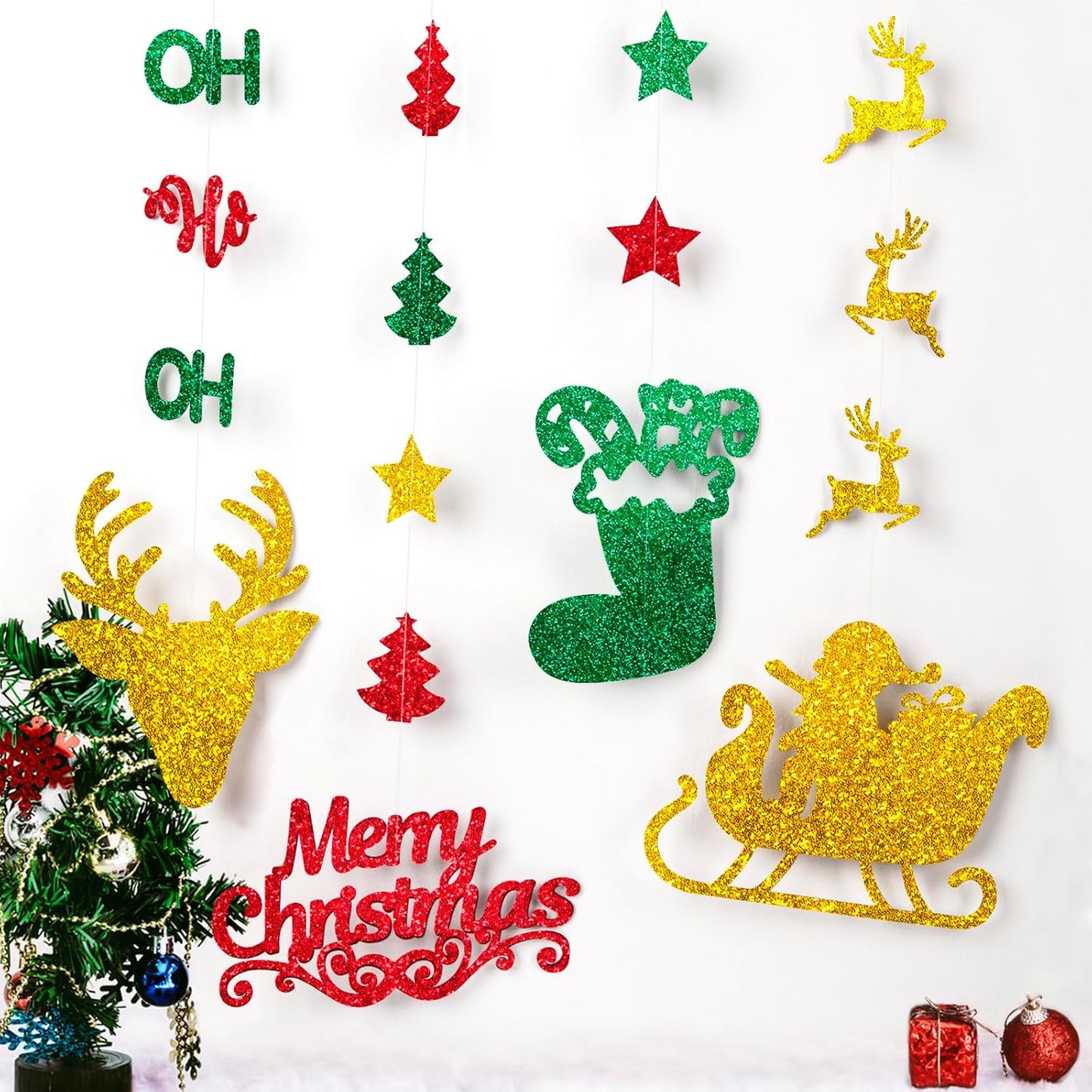 Glitter Christmas Hanging Banner Garland Decorations - Reindeer, Santa hat, Stocking, Tree, Santa Claus and More