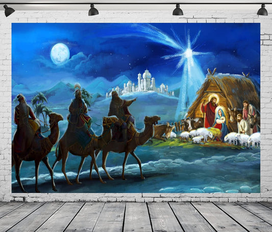 7x5ft Nativity Scene Backdrop Christmas Night Starlight Holy Family and Three Kings Desert Manger Birth of Jesus Backdrop