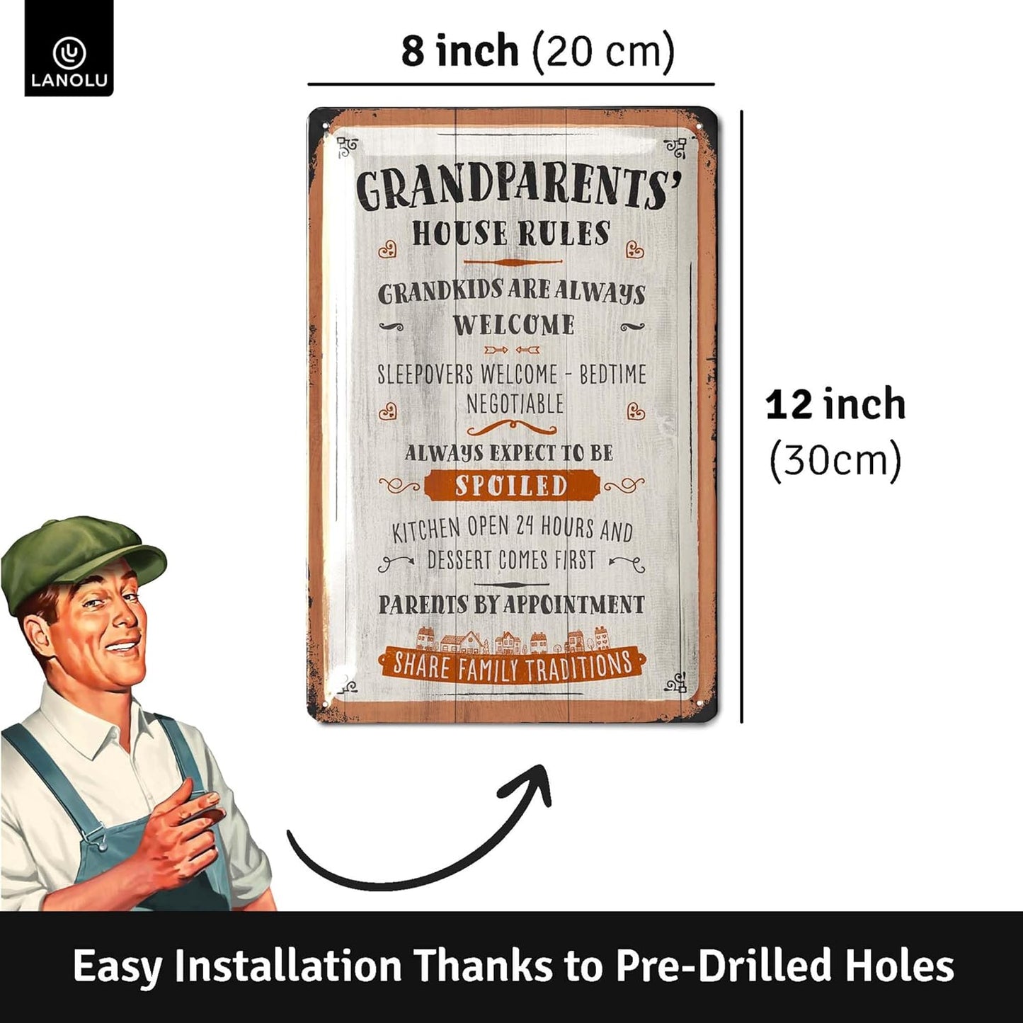 Grandparents House Rules, Vintage Tin Sign in Wood Sign-design for Grandpa & Grandma