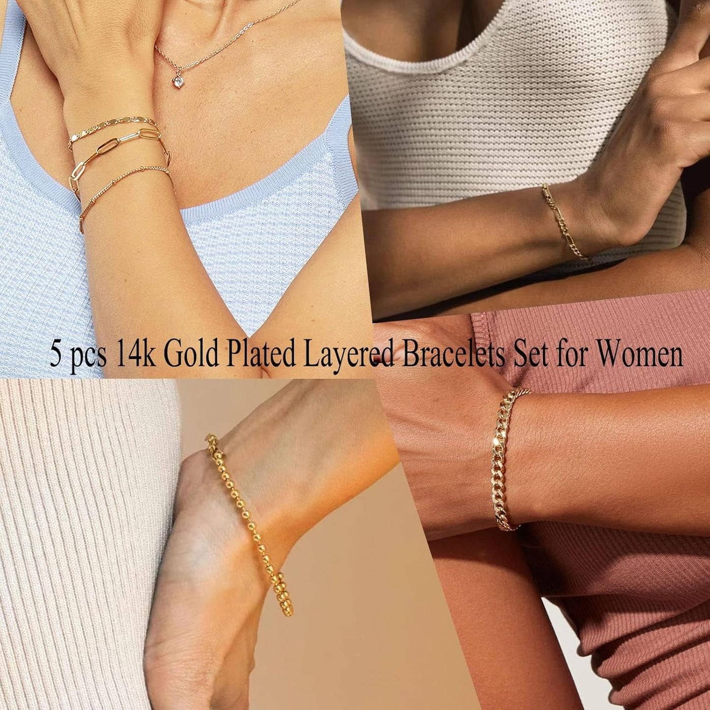 Gold Bracelets Set for Women 14K Real Gold Plated Dainty Gold Link Chain Bracelets for Women Trendy Gold Stackable Cuff Bracelets for Jewelry Gifts Women Adjustable 7"+2"