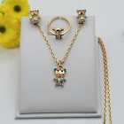 18K Gold Plated Blue Bear Teddy Necklace Earrings Ring Set For Kids Jewelry Girls