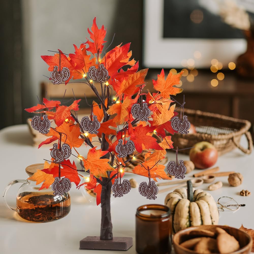 24IN 24LT Lighted Fall Maple Leaves Tree Fall Decor, 2FT Brown Battery Powered Timer Autumn Trees Decorations