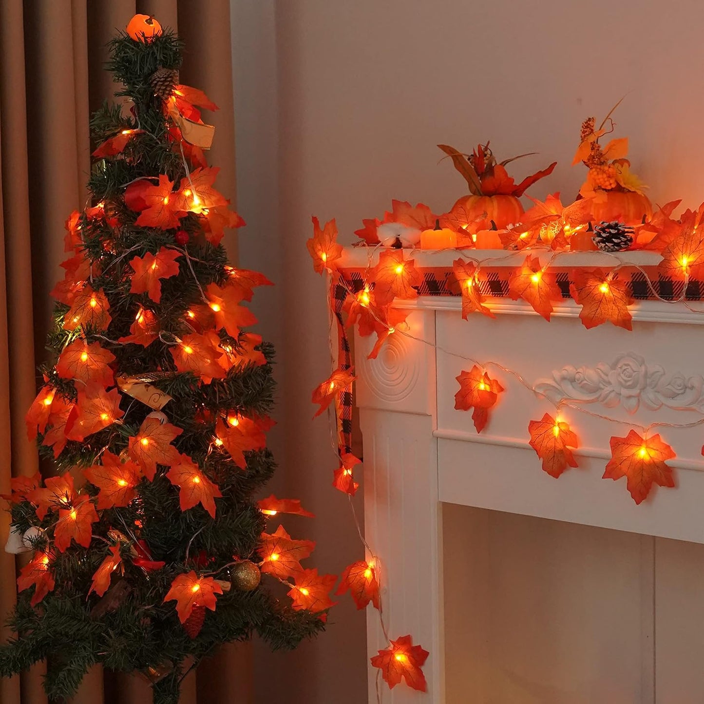 4 PCS LED Lighted Maple Leaves Garland for Halloween and Autumn Decor
