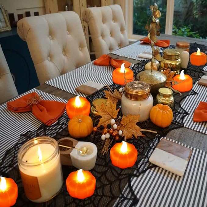 12 Pack LED Orange Pumpkin Lights Flameless Candles Battery Operated, Halloween Flickering Tealight Candle for Home Table Indoor Party Decor