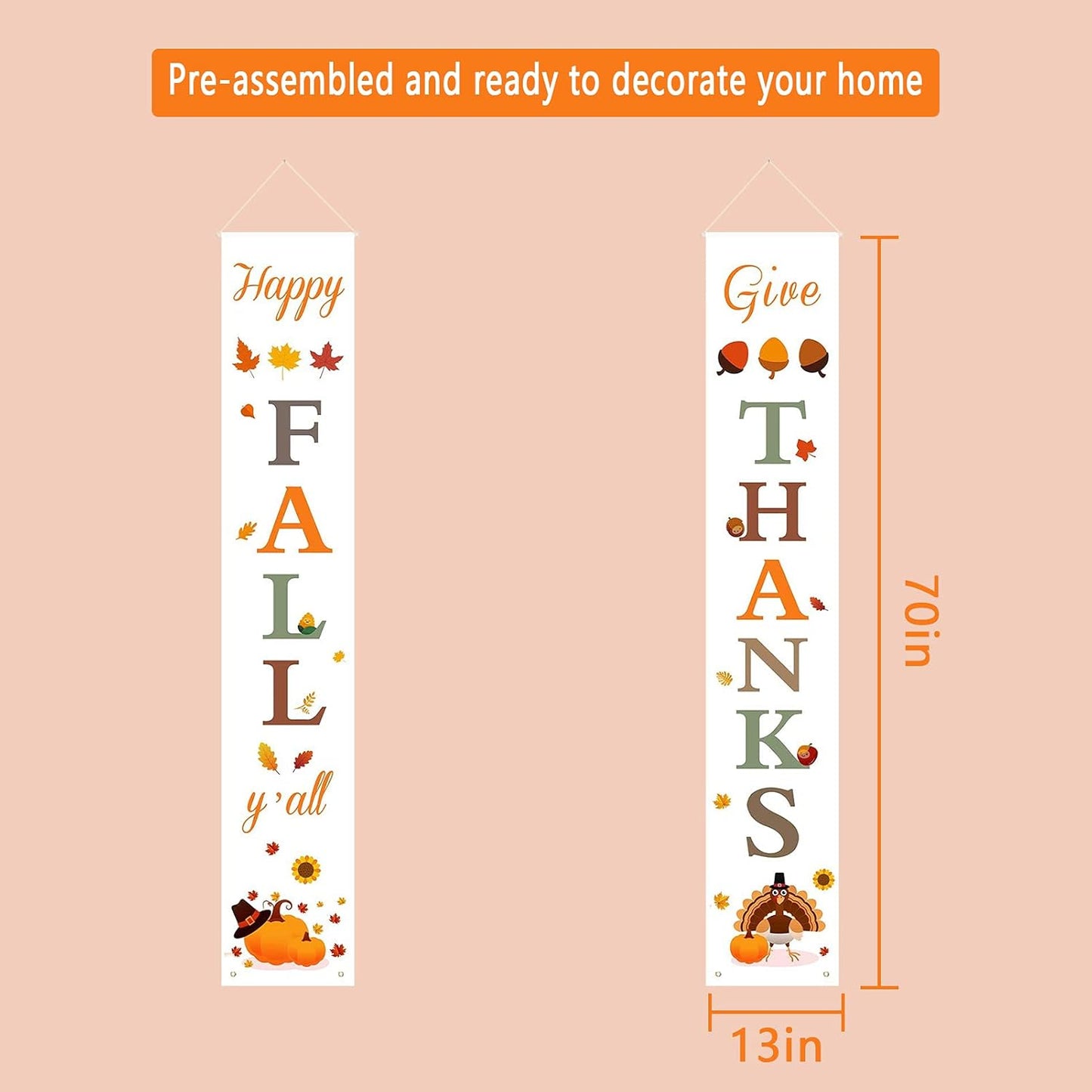 Happy Fall & Give Thanks Porch Banners for Fall Thanksgiving Decorations Indoor and Outdoor