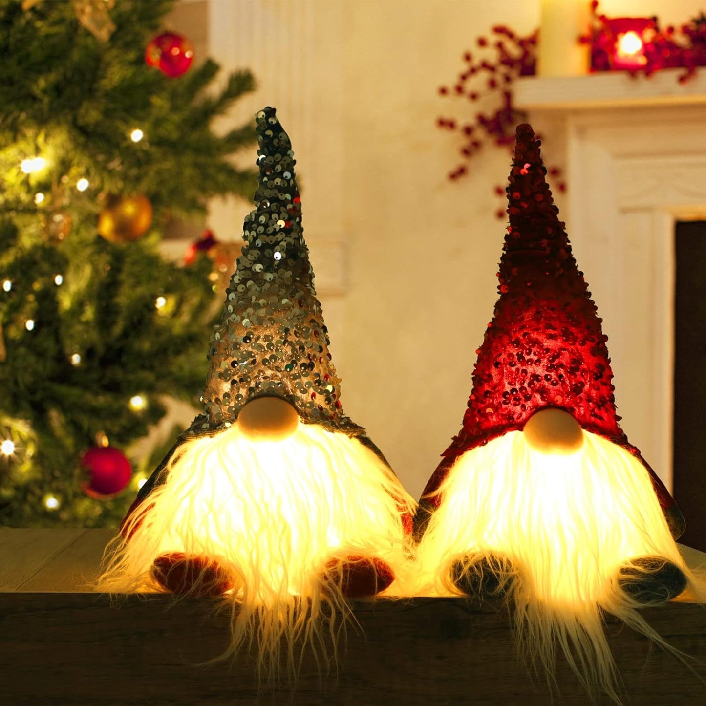 12" Lighted Christmas Gnome, Handmade Sequins Hat Scandinavian Swedish Tomte, Light Up Plush Elf Toy Holiday Present