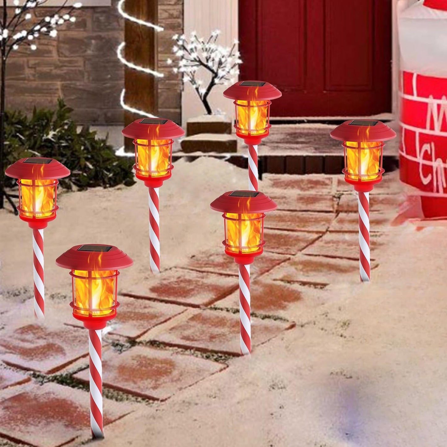 6 Pack Christmas Solar Torch Lights Outdoor, Flickering Flame Torch Candy Cane Marker, Solar Powered Xmas Decorative Lights