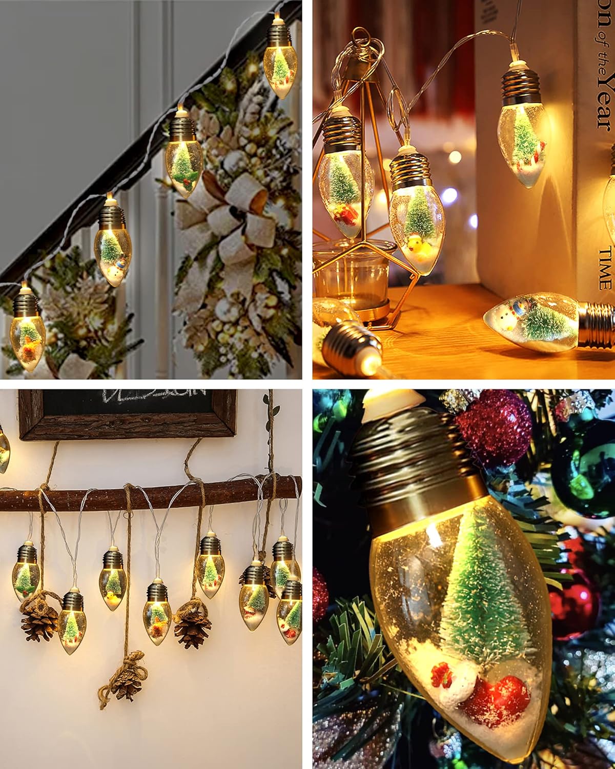 2PC 6.6ft Christmas Lights for Indoor Bedroom Decorations - 10 LED Globe Bulbs String Light with Tree & Snow & Cute Ornaments. 2 Pieces