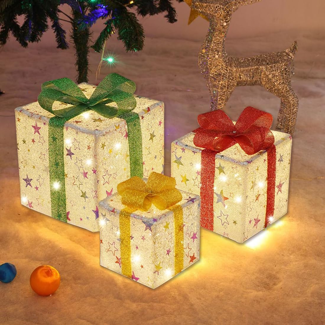 Christmas Lighted Gift Boxes,75 LEDs Pre-lit Light up Xmas Present Boxes Set for Outdoor Indoor Christmas Tree