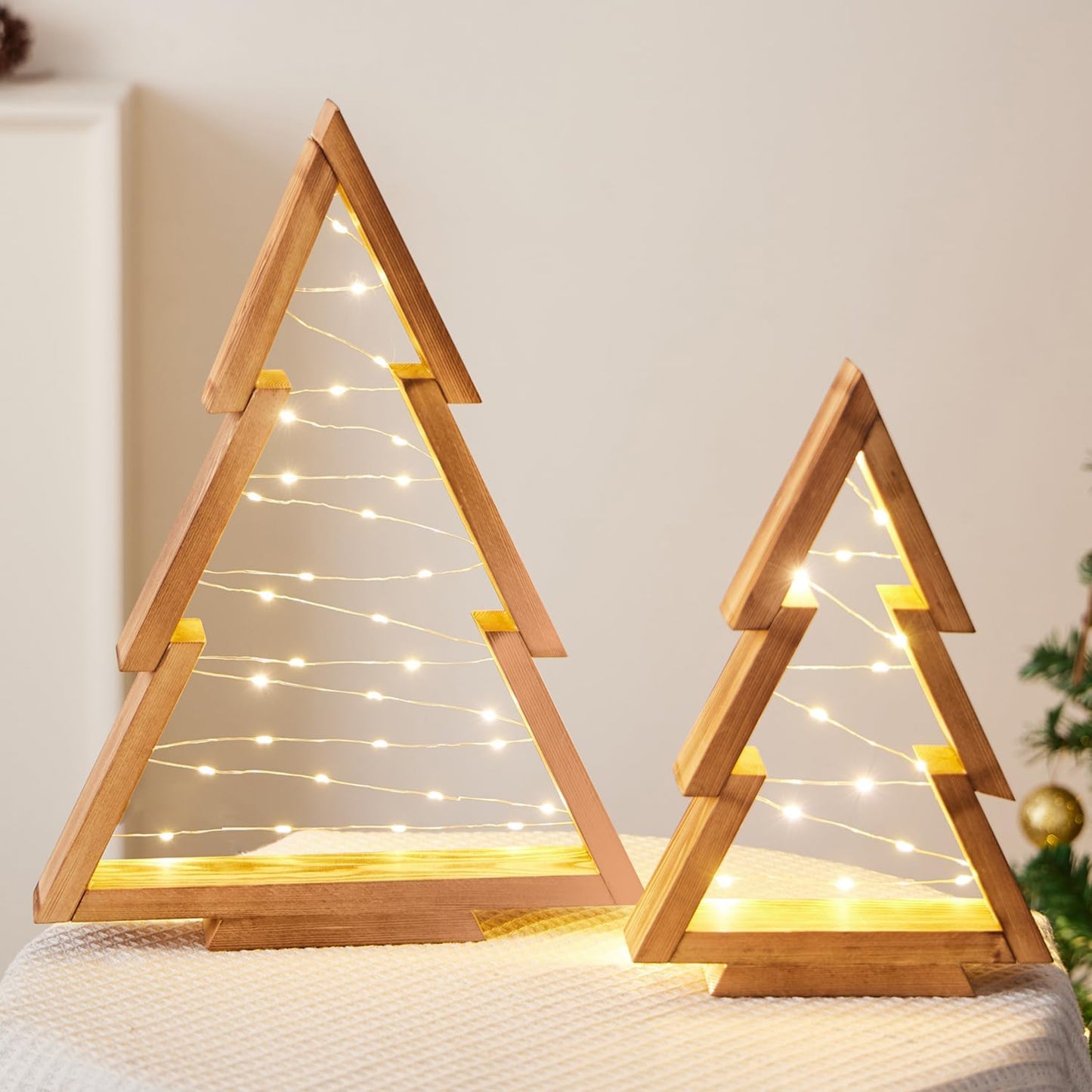 2 Pack Wooden Tabletop Christmas Trees with Lights, Modern Christmas Decorations Indoor, Farmhouse Christmas Decor