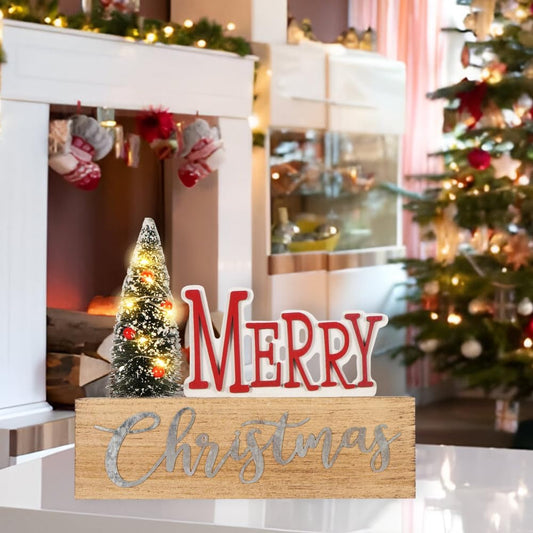 LED Lighted Merry Christmas Block for Home Farmhouse Winter Wooden Decor Vintage Rustic Sign