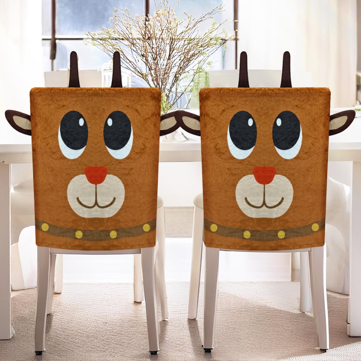 4Pcs Christmas Chair Back Covers: Cute Reindeer Face with Red Nose Dining Chair Covers