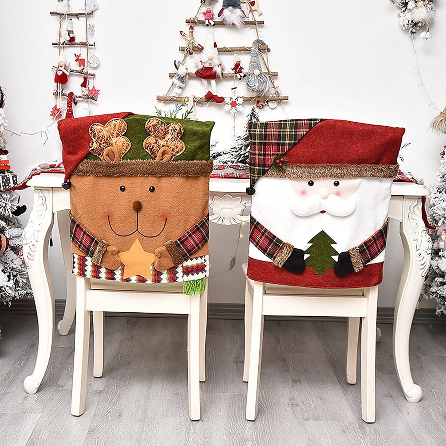 6 Pcs Christmas Chair Back Cover for Dining Room, Santa Claus Snowman Reindeer Xmas Dinner Chairs Cover