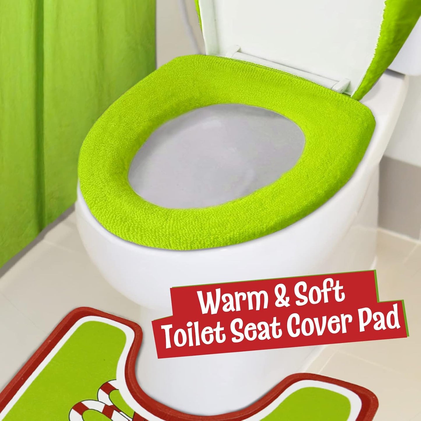 Christmas Decor Toilet Seat Cover and Rug for Indoor Home Bathroom Set of 4 (Red - Green)