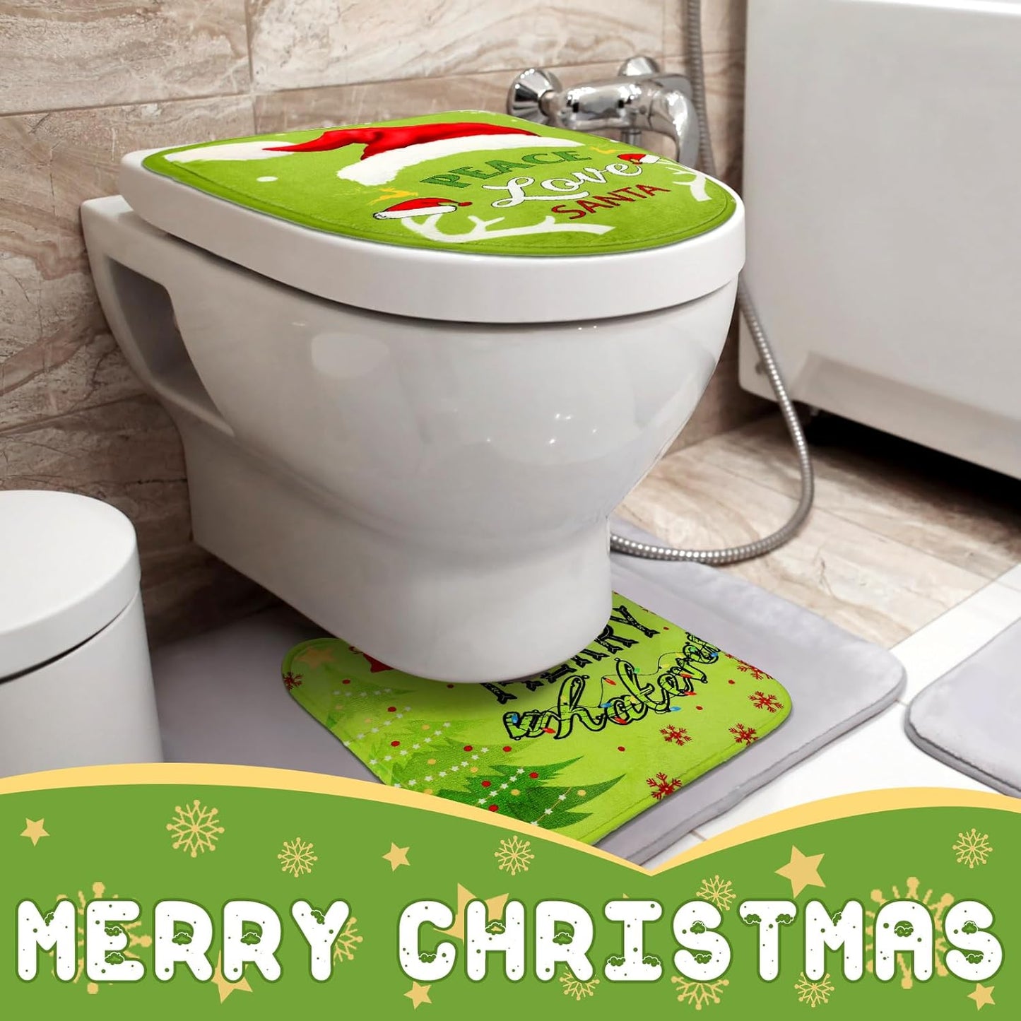 4 Pcs Green Toilet Seat Cover Set Whimsical Christmas Btthroom Decoration