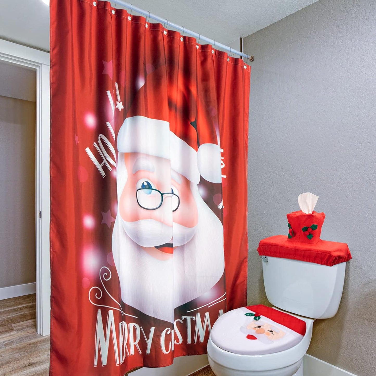 Set 4 Pieces Santa Toilet Seat Cover Set and Shower Curtains, Santa on The Toilet Ornament