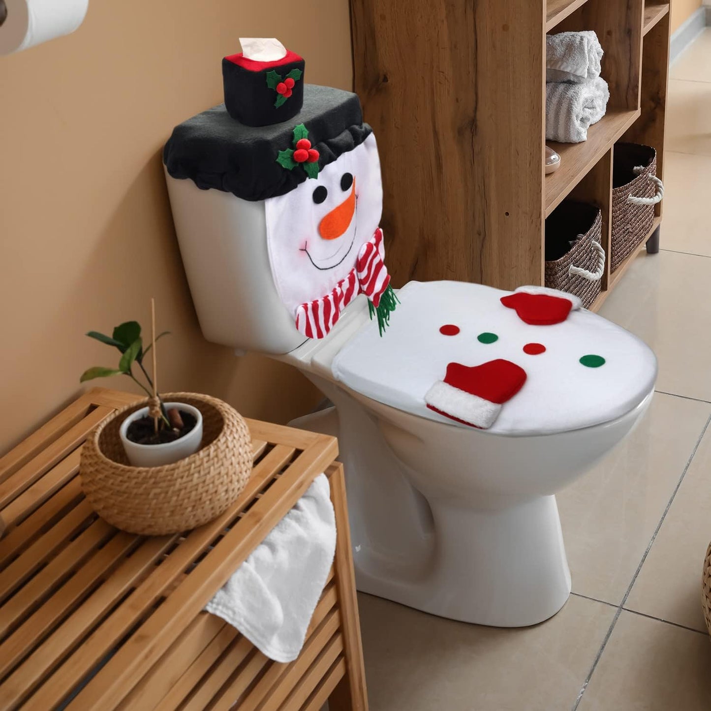 4 PCS Snowman Bathroom Decor Xmas White Toilet Lid Tank Cover, Toilet Paper Box Cover Towel for Christmas Decorations Indoor Home