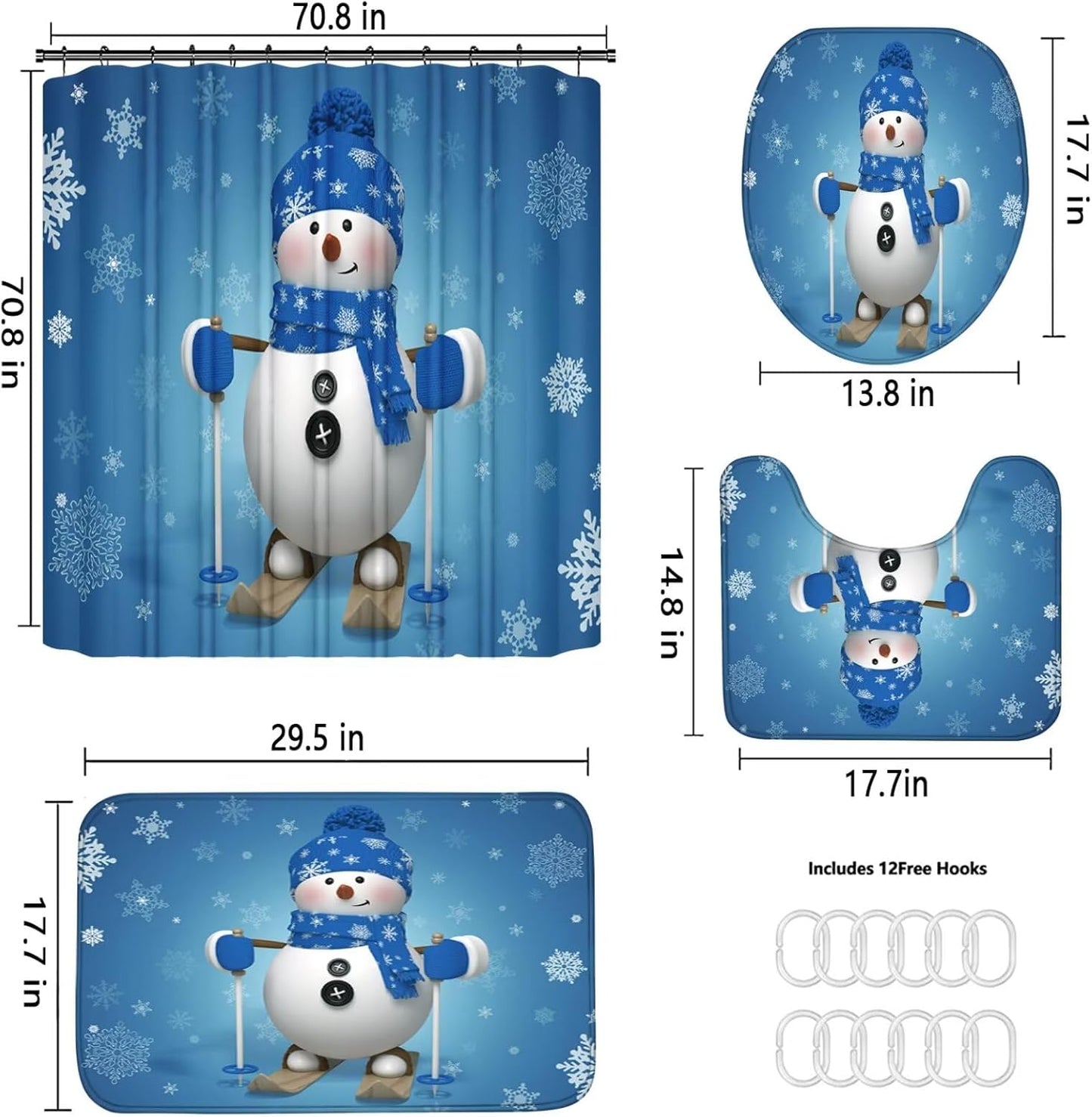 4Pcs Christmas Snowman Shower Curtain Sets Winter Snowflake Blue Bathroom Set Decor with Non-Slip Rugs Bath U-Shaped Mat Toilet Lid Cover