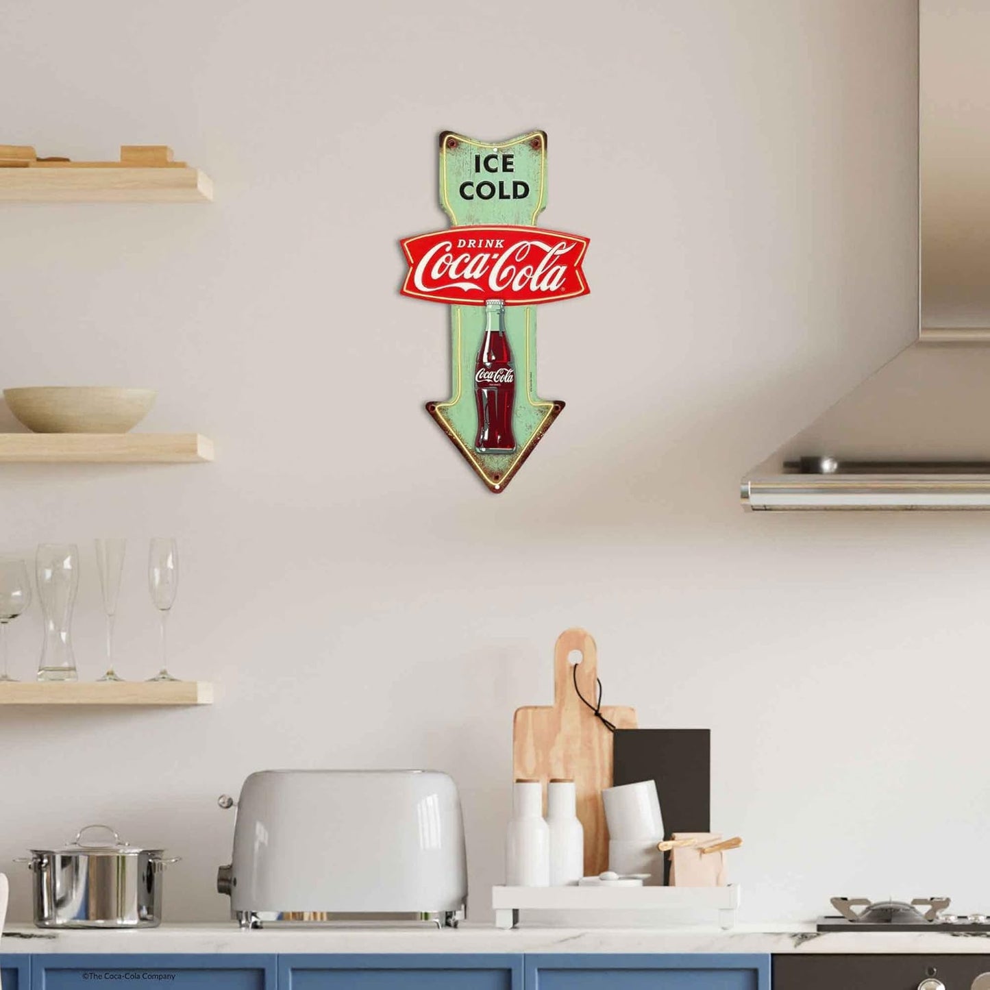 Coca-Cola Ice Cold Arrow Embossed Metal Sign - Vintage Diner Coca-Cola Sign for Kitchen or Man Cave