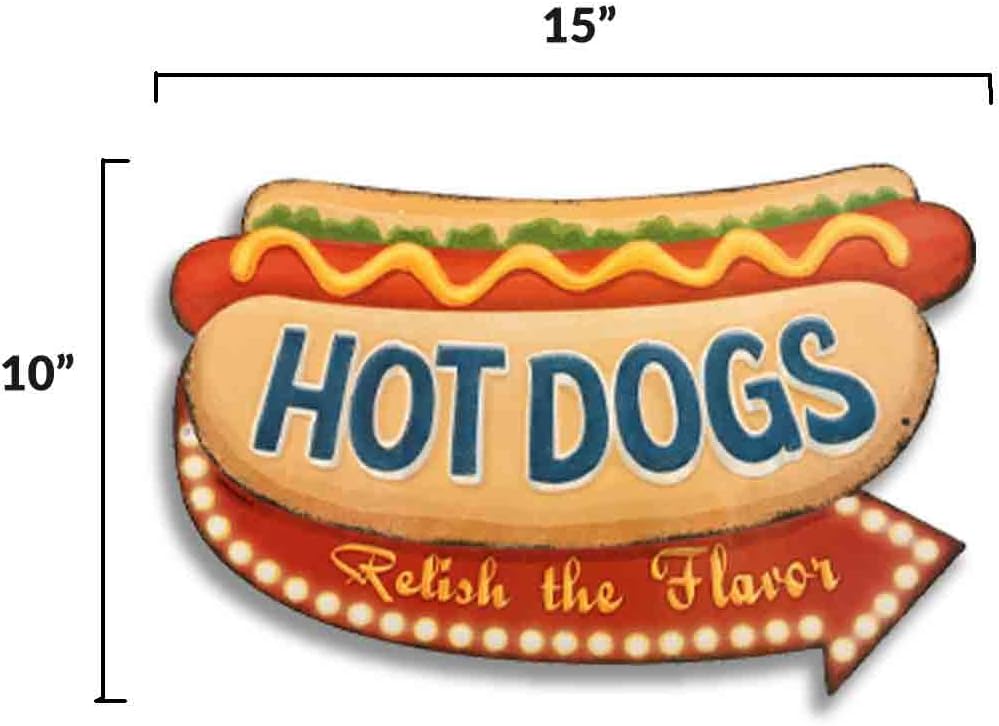 Hot Dogs Relish The Flavor Embossed Metal Wall Art Sign - Vintage Diner Hot Dog Sign With Arrow