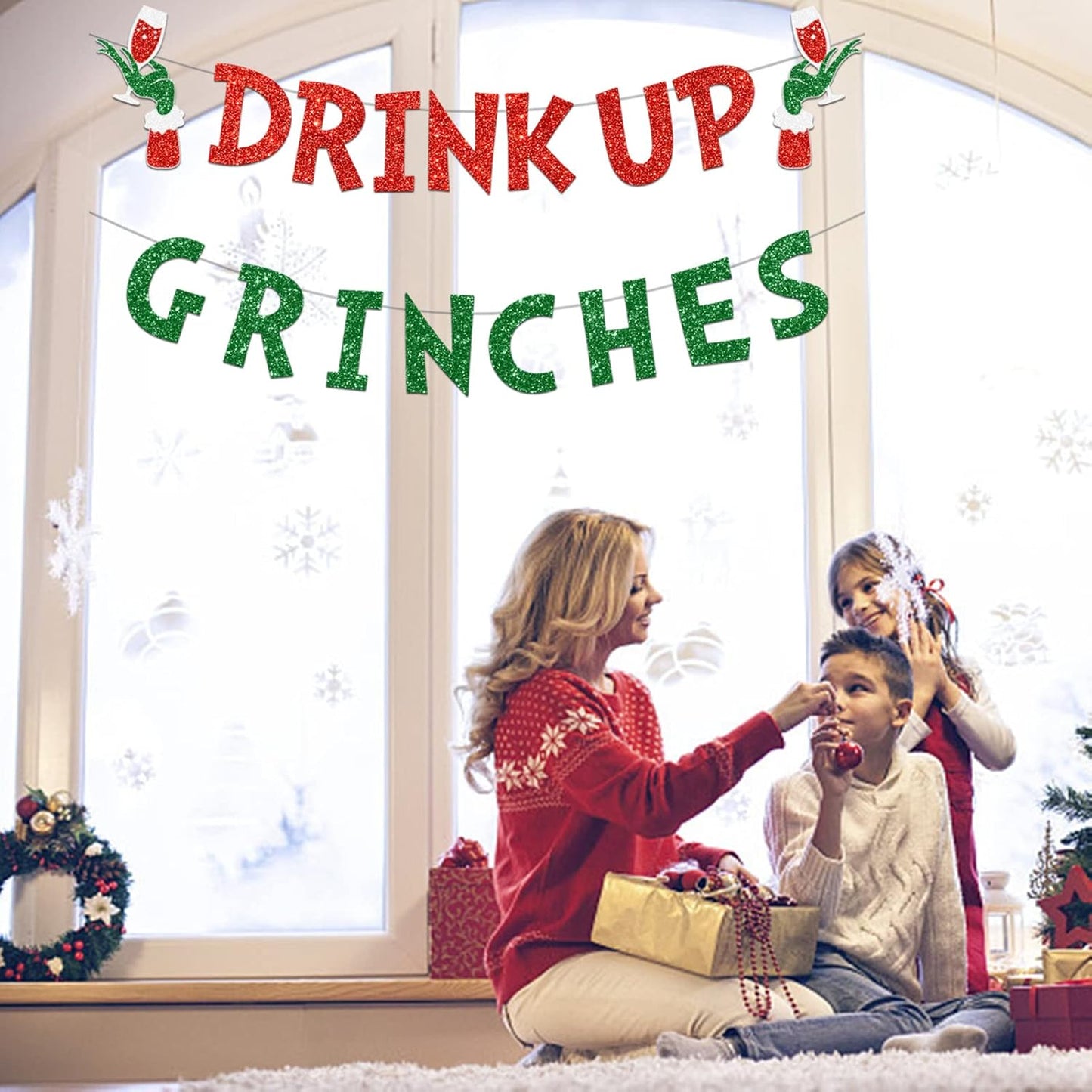 Drink Up Grinches Banner, Glittery Christmas Decorations Banners Winter Holiday Garland Photo Props