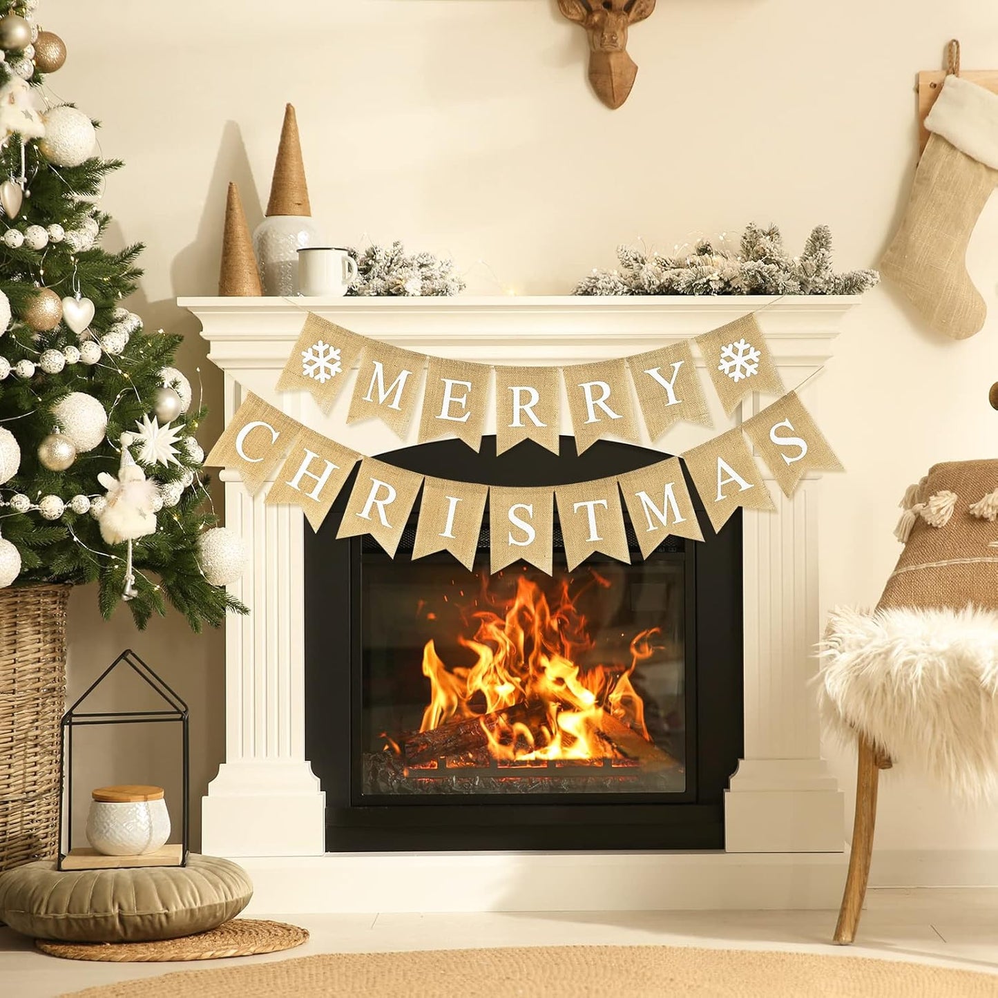 Merry Christmas Banner Burlap Christmas Fireplace Banner Christmas Wall Banners Snowflake