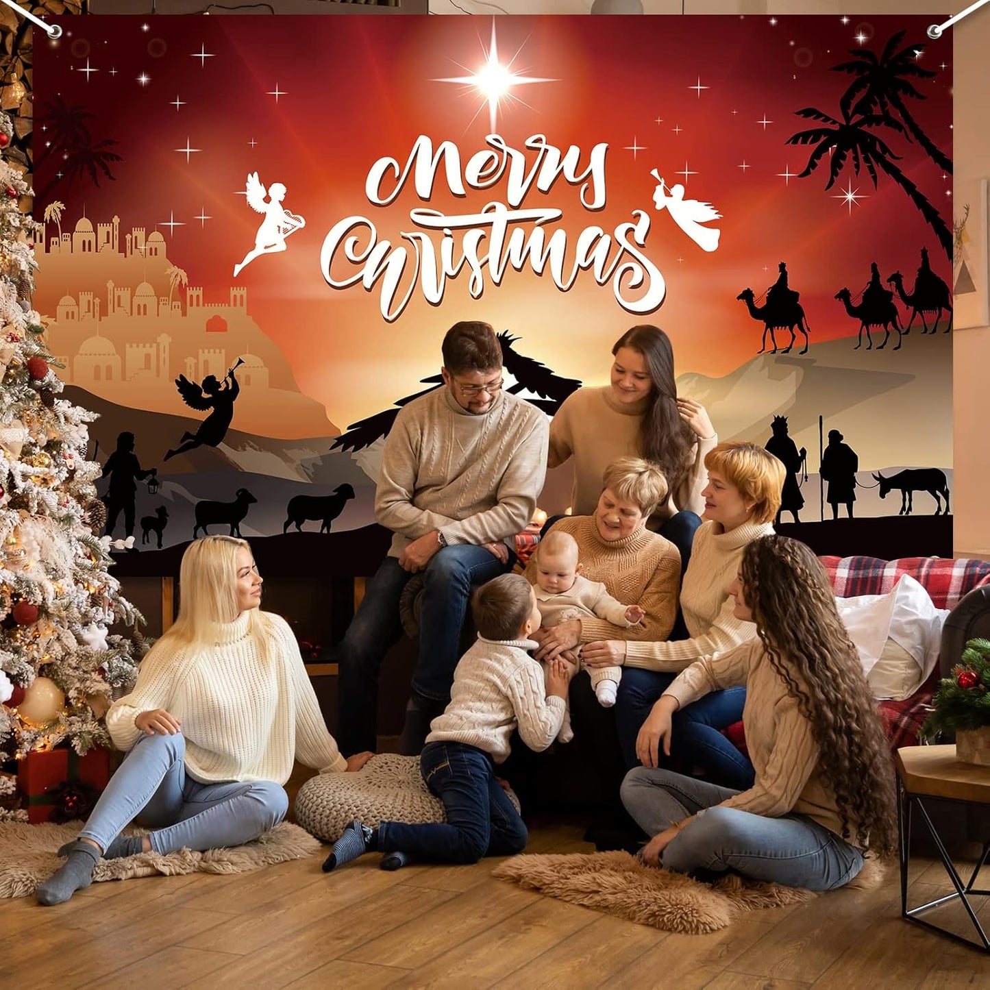 Merry Christmas Nativity Scene Backdrop Holy Night Photo Booth Background Religious Xmas Photography for Holiday, 43x73inch