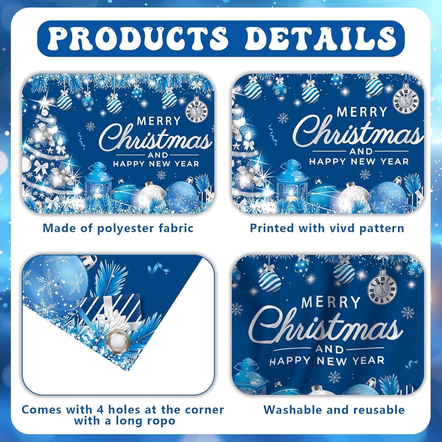 Blue Merry Christmas Banner – Large Christmas Banner Winter Holiday Party Sign with Silver Christmas Tree Snowflake Elements