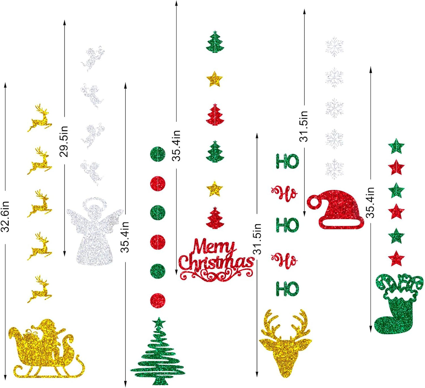 Glitter Christmas Hanging Banner Garland Decorations - Reindeer, Santa hat, Stocking, Tree, Santa Claus and More