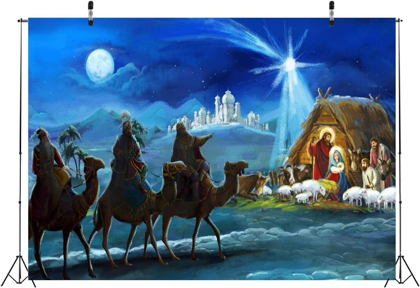 7x5ft Nativity Scene Backdrop Christmas Night Starlight Holy Family and Three Kings Desert Manger Birth of Jesus Backdrop