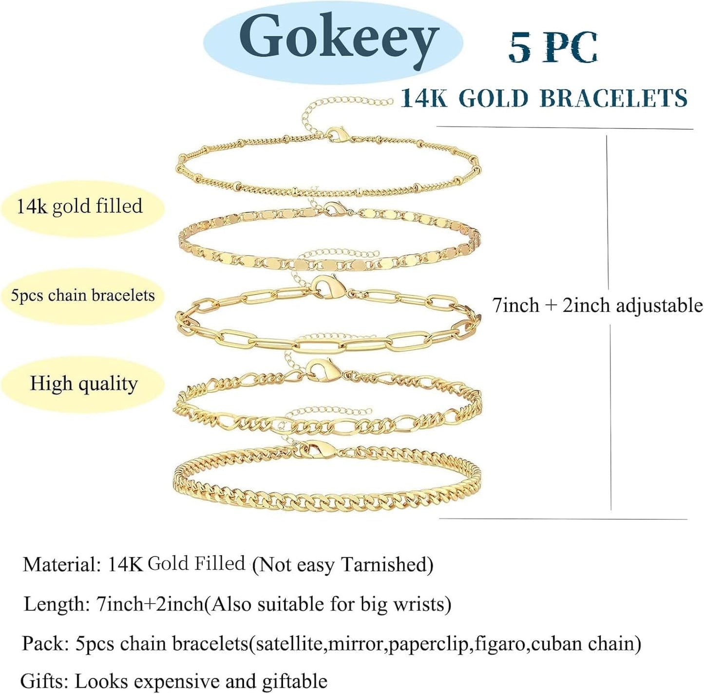 Gold Bracelets Set for Women 14K Real Gold Plated Dainty Gold Link Chain Bracelets for Women Trendy Gold Stackable Cuff Bracelets for Jewelry Gifts Women Adjustable 7"+2"