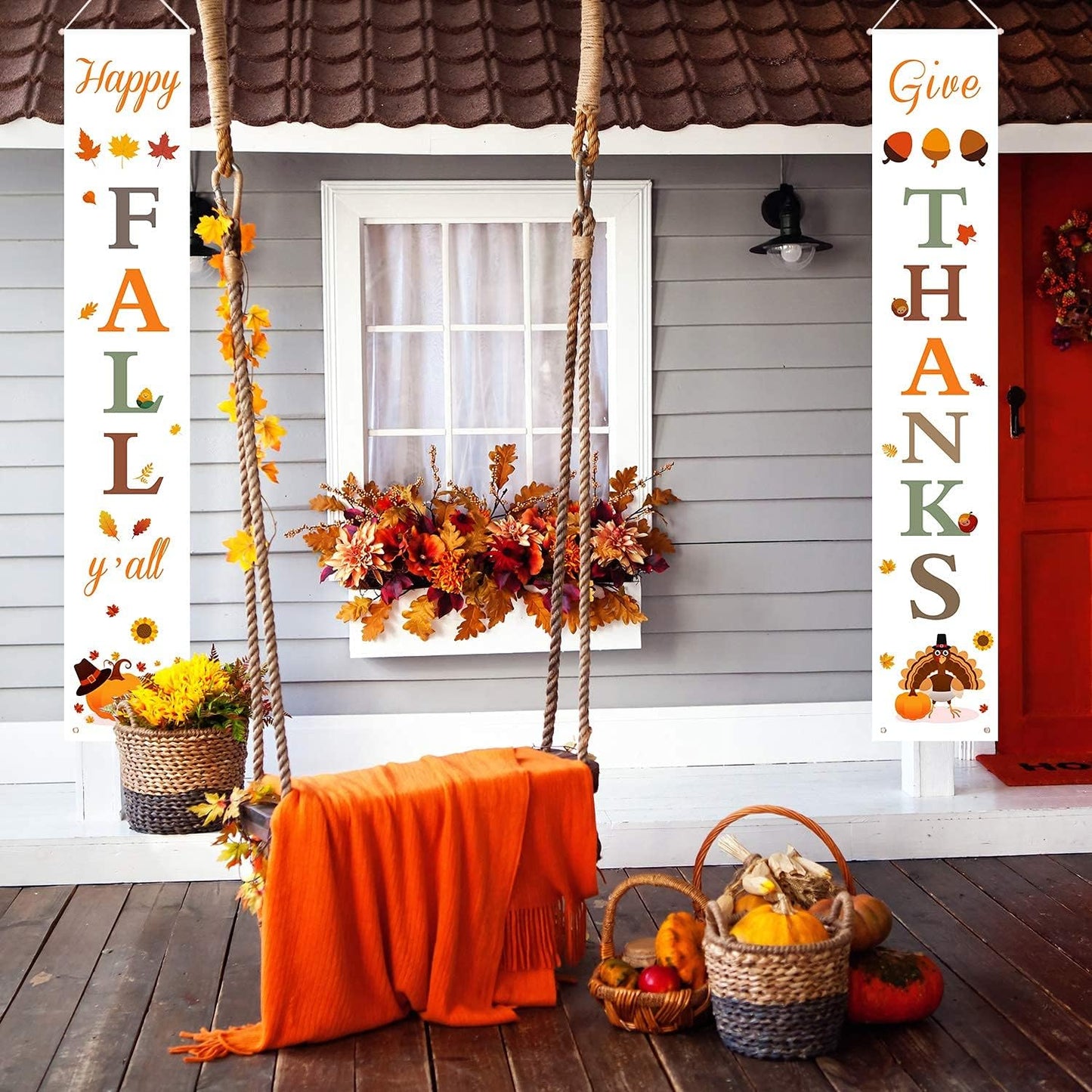 Happy Fall & Give Thanks Porch Banners for Fall Thanksgiving Decorations Indoor and Outdoor