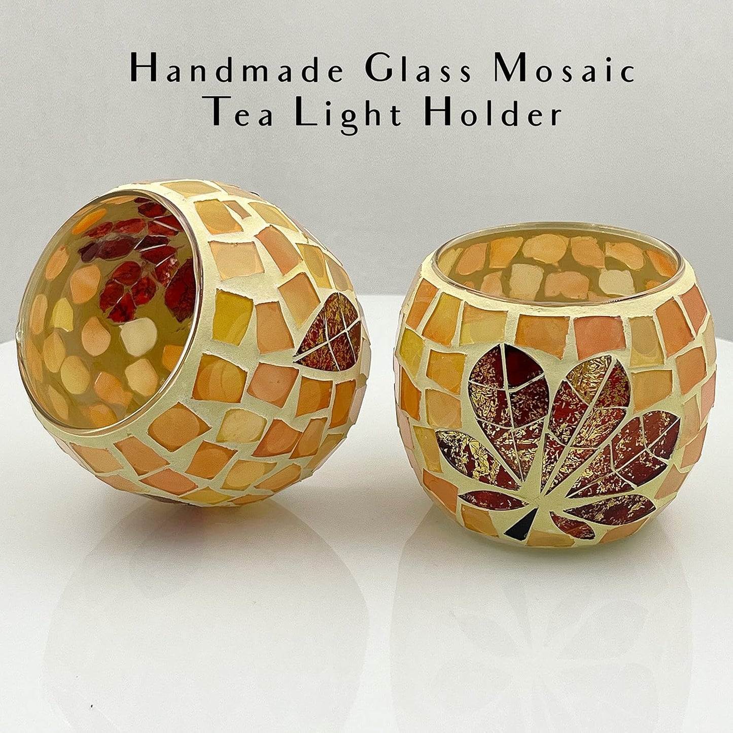 Fall Votive Candle Holder Set of 4, Mosaic Glass tealight Holders with Maple Leave