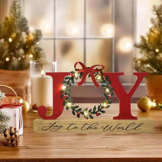 LED Lighted Joy Sign with Wreath Farmhouse Wooden Rustic Tabletop Decorative Sign