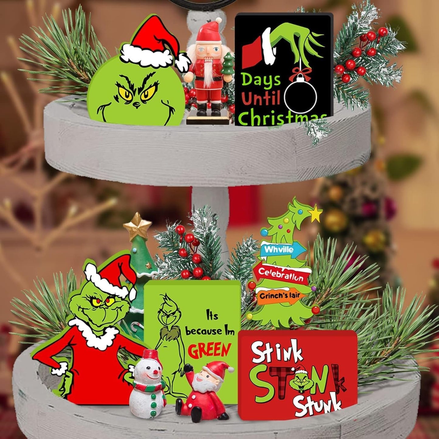 Christmas Tiered Tray Decorations - 6pcs Wooden Signs Table Centerpieces