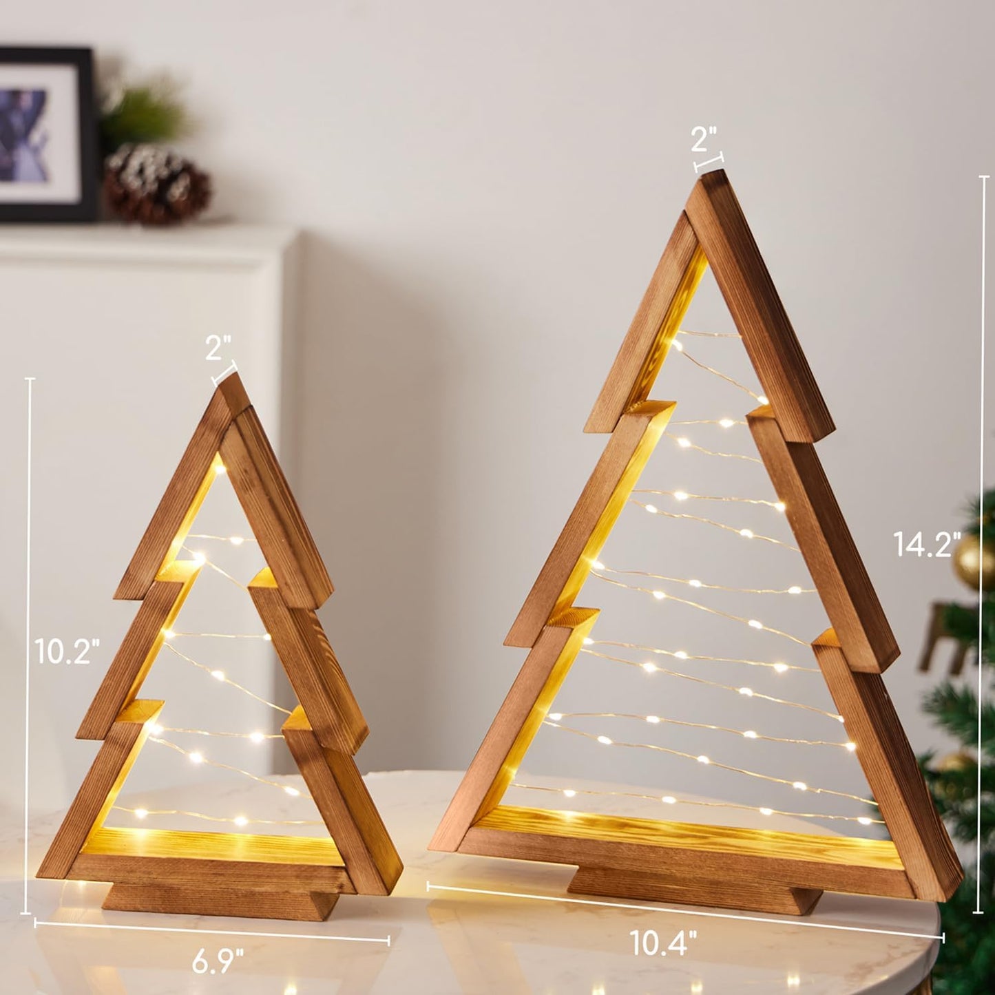 2 Pack Wooden Tabletop Christmas Trees with Lights, Modern Christmas Decorations Indoor, Farmhouse Christmas Decor