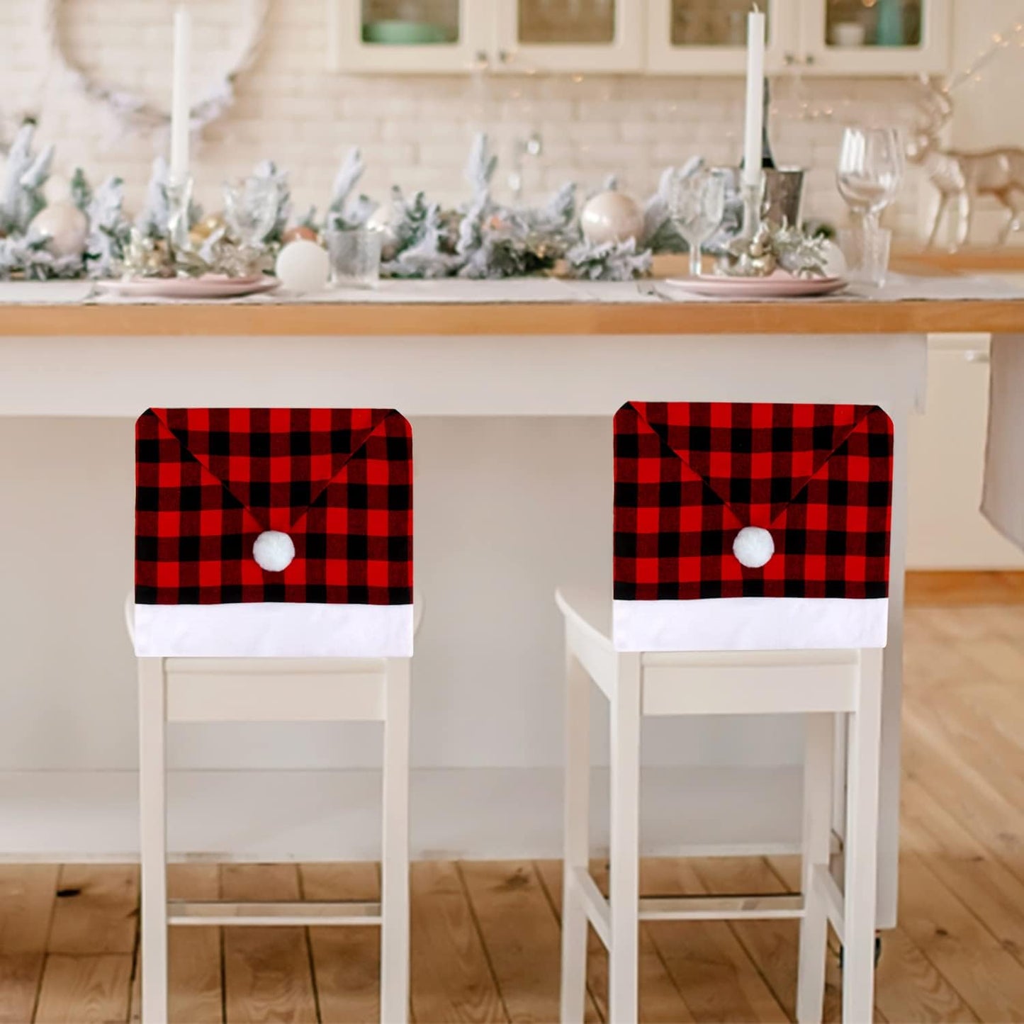 6pcs Christmas Chair Back Cover, Black and Red Grid Chair Slipcovers Hat Buffalo Plaid Christmas Back Covers