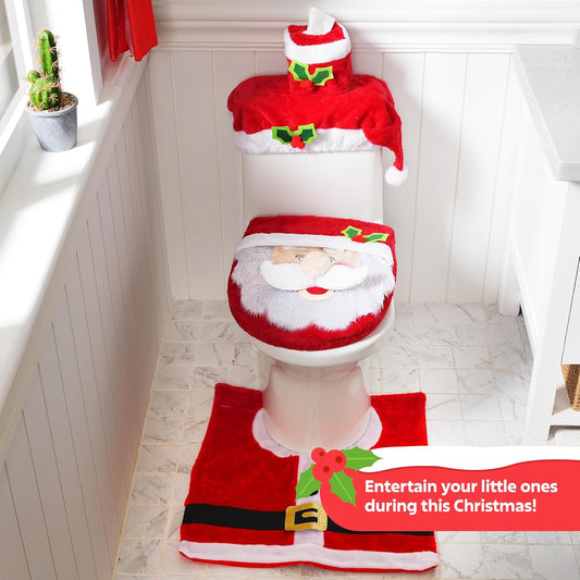 5 Pieces Christmas Theme Bathroom Decoration Set w/Toilet Seat Cover, Rugs, Tank Cover, Toilet Paper Box Cover, Santa