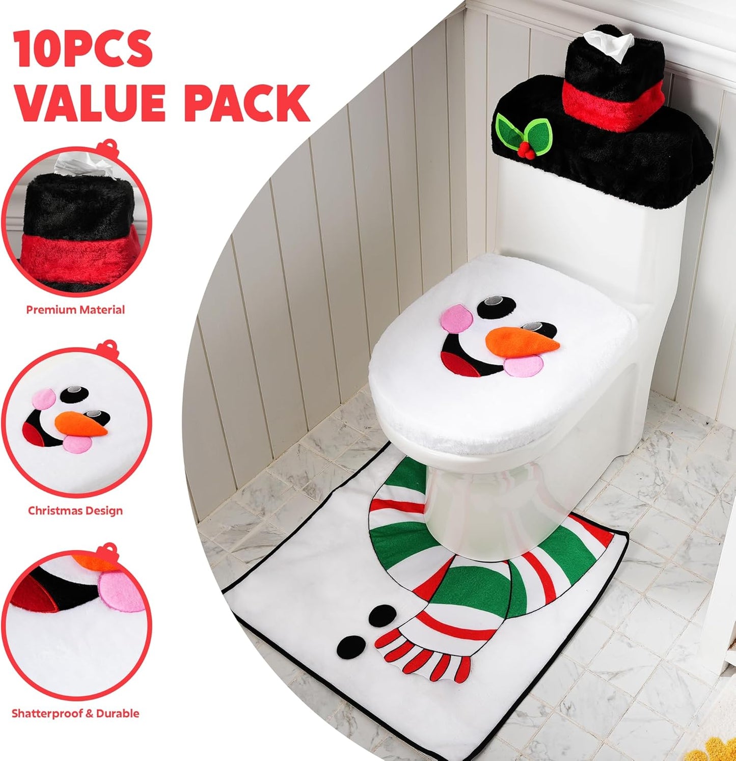 2 Set 5 Pieces Christmas Theme Bathroom Decoration Set w/Toilet Seat Cover, Rugs, Tank Cover, Toilet Paper Box Cover and Santa Towel for Xmas