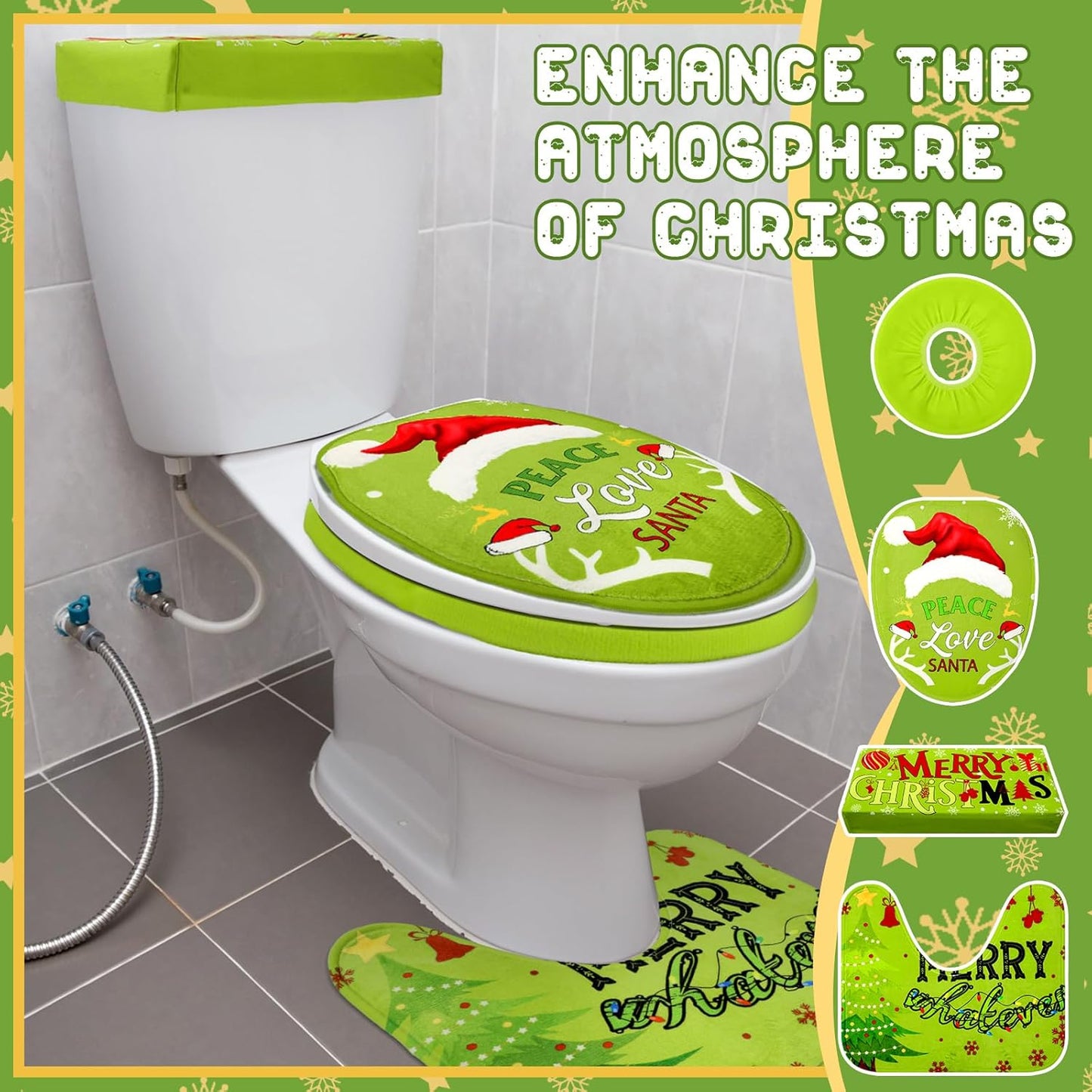 4 Pcs Green Toilet Seat Cover Set Whimsical Christmas Btthroom Decoration