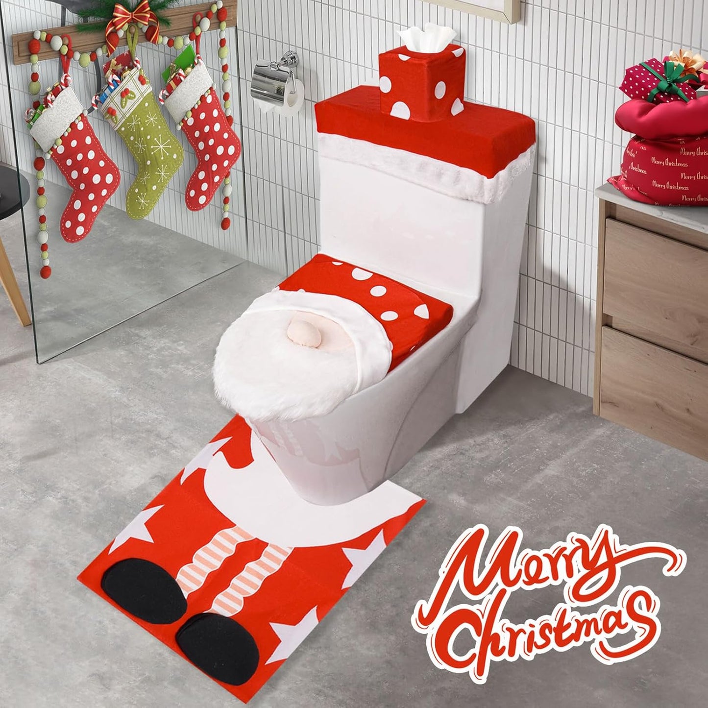 3 PCS Christmas Bathroom Sets Christmas Toilet Seat Cover Decorations, 3D Santa Gnome Toilet Lid Tank Cover Tissue Box